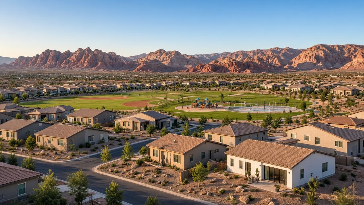 Grand Park Village Homes in West Summerlin, Las Vegas, with new homes beside the central park